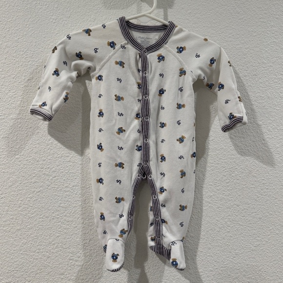 Ralph Lauren Polo Bear Cotton Footed White Striped Logo Coverall Size 3 Months - Picture 15 of 15
